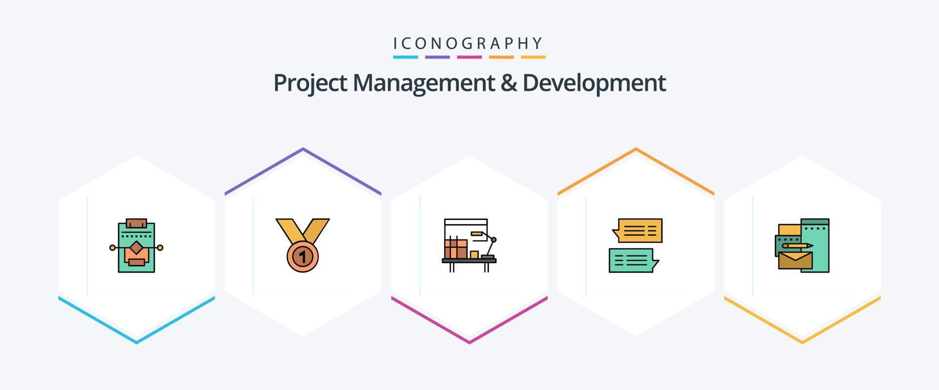 gerenciamento de projetos e desenvolvimento 25 pacote de ícones de linha preenchida, incluindo correio. bate-papo. medalha. tabela. mesa vetor