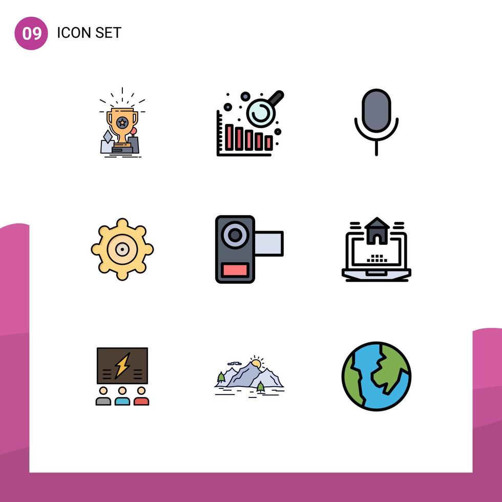 9 ícones criativos, sinais e símbolos modernos de mídia de vídeo, microfone, filme, engrenagem, elementos de design vetorial editáveis vetor