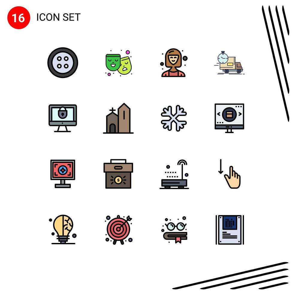 16 linhas preenchidas de cores planas universais definidas para aplicações web e móveis consultor de transporte de computador entrega de envio elementos de design de vetor criativo editáveis