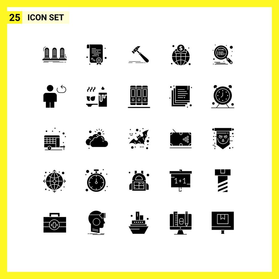 25 interface do usuário pacote de glifos sólidos de sinais e símbolos modernos de martelo de mercado html elementos de design de vetores editáveis de carpinteiro global