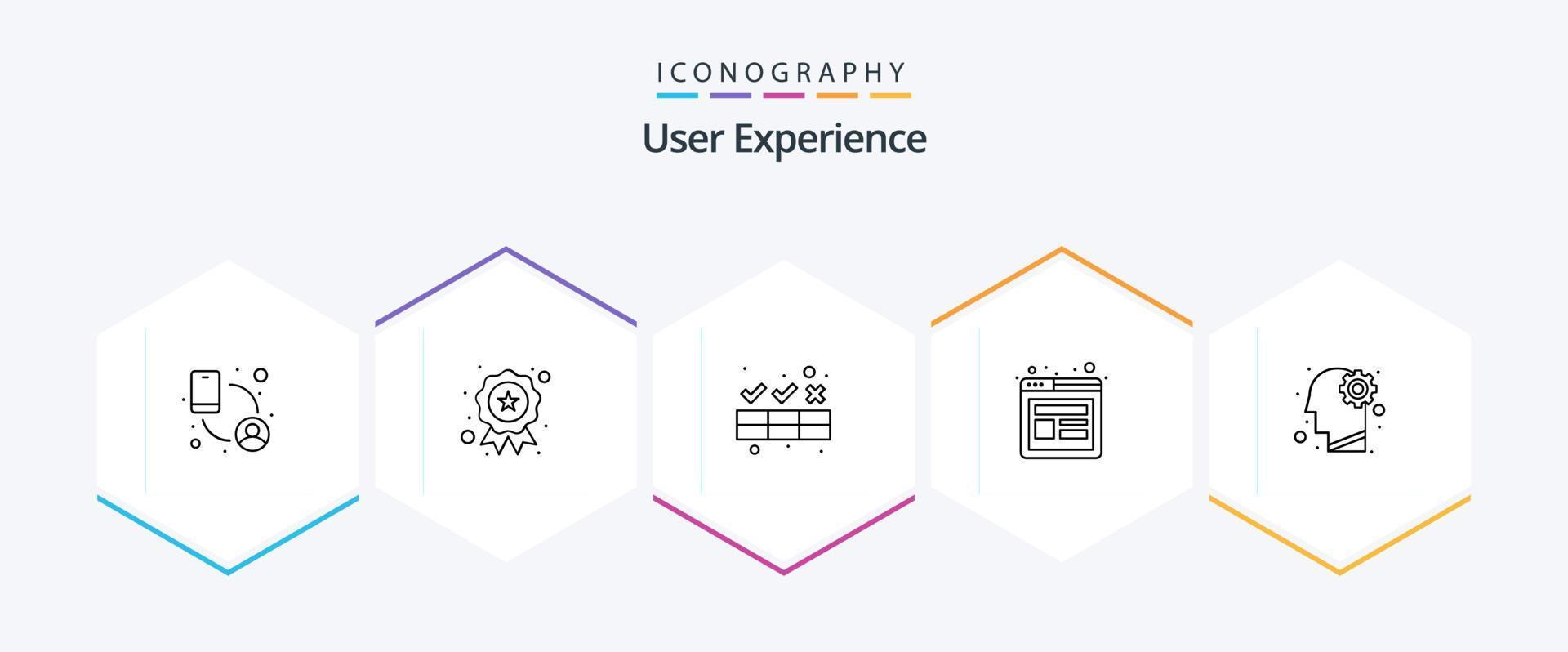 experiência do usuário pacote de ícones de 25 linhas, incluindo equipamento. wireframe do site. limpador. testando x. Projeto vetor