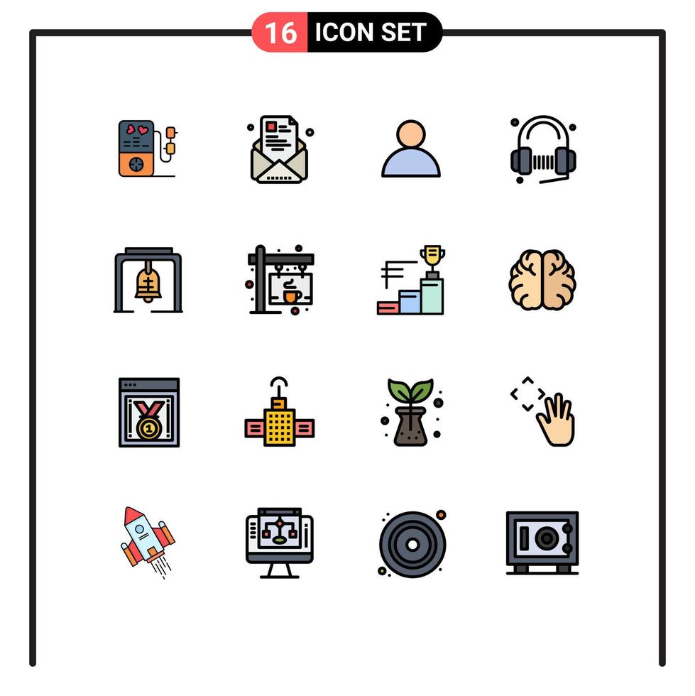 conjunto de linha preenchida de cor plana de interface móvel de 16 pictogramas de música de alerta retomar serviço ao cliente elementos de design de vetor criativo editáveis