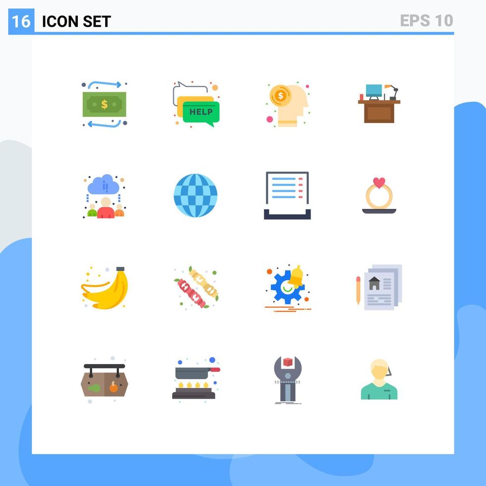 conjunto moderno de 16 cores planas e símbolos, como mesa de monitor de moeda de escritório, pacote editável de elementos de design de vetores criativos