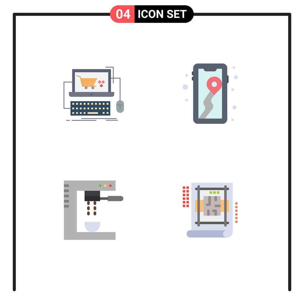 4 ícones planos universais definidos para aplicativos da web e móveis, carrinho de cozinha, localização de loja de café expresso, elementos de design de vetores editáveis
