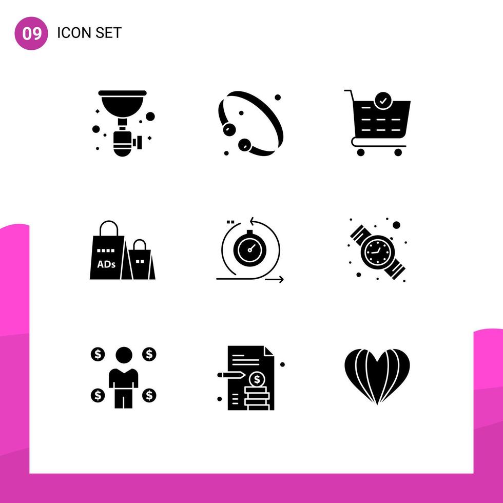 9 interface do usuário pacote de glifos sólidos de sinais e símbolos modernos de bolsa de compras, bolsa de joias, check-out, elementos de design de vetores editáveis
