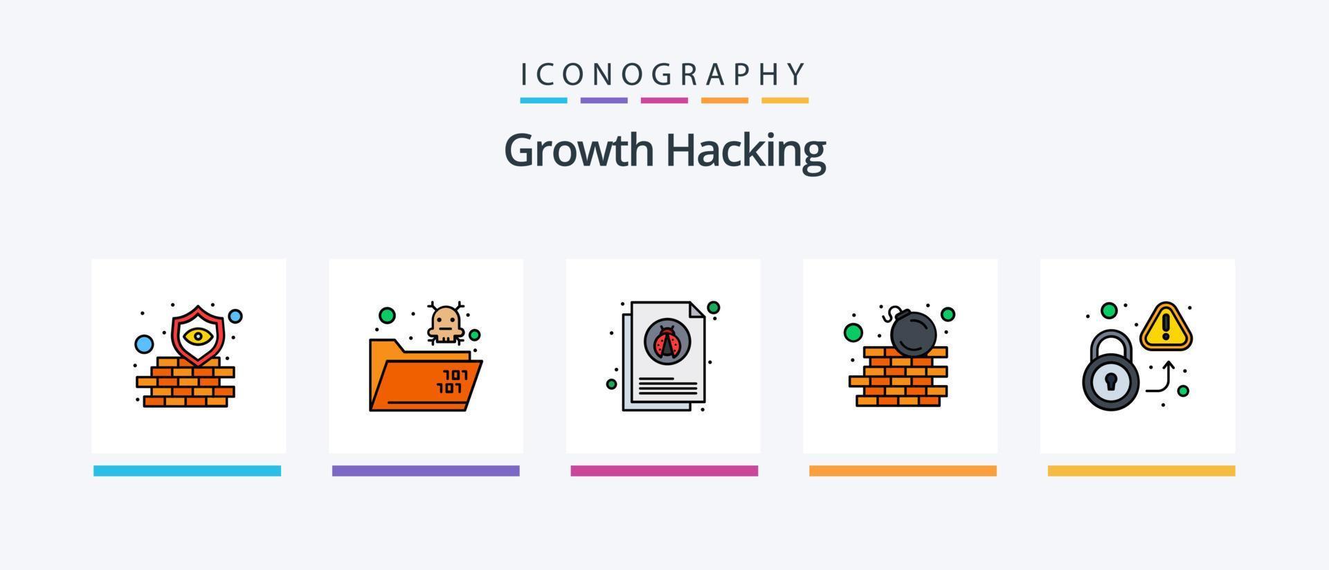 a linha de hackers preencheu o pacote de 5 ícones, incluindo perda. fogo. vírus. dados. bloqueio de pagamento. design de ícones criativos vetor