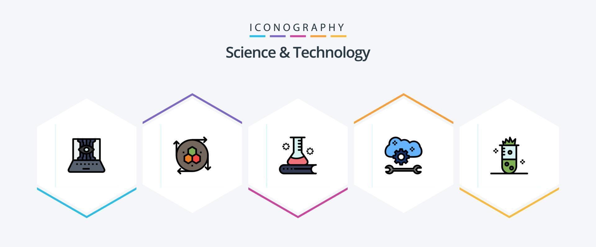 pacote de ícones de 25 linhas preenchidas de ciência e tecnologia, incluindo configurações de nuvem. preferências de nuvem. ferramenta de modelagem. serviço de aplicativo em nuvem. conhecimento científico vetor