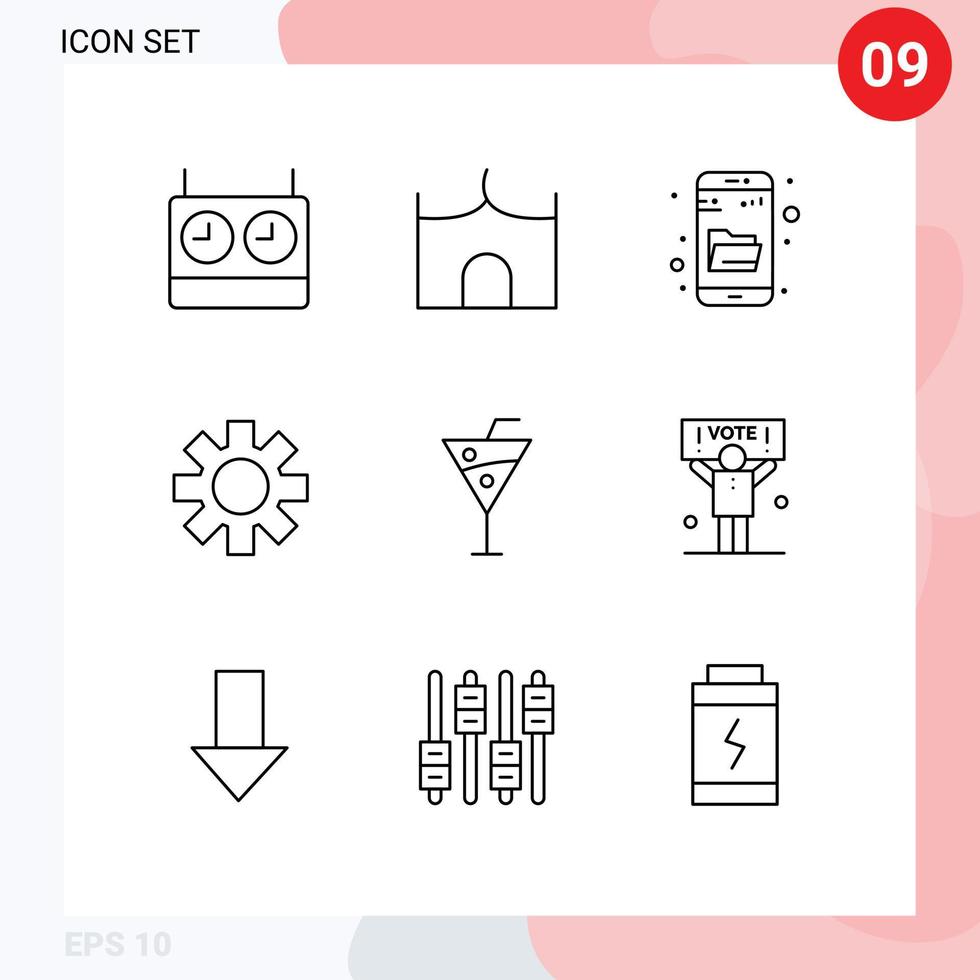 grupo de símbolos de ícone universal de 9 contornos modernos de configuração de equipamento de pesquisa de unidade de praia de bebidas elementos de design de vetores editáveis