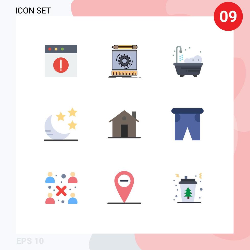 grupo de 9 sinais e símbolos de cores planas para elementos de design de vetor editável de lua de construção de casa de família de chaminé