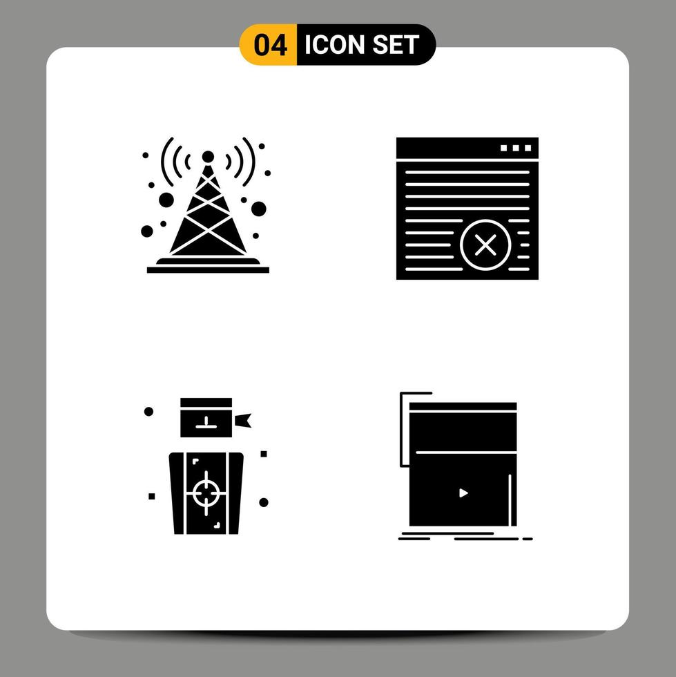 pacote de interface do usuário com 4 glifos sólidos básicos de antena, dardos, torre, pessoas da internet, elementos de design vetorial editáveis vetor