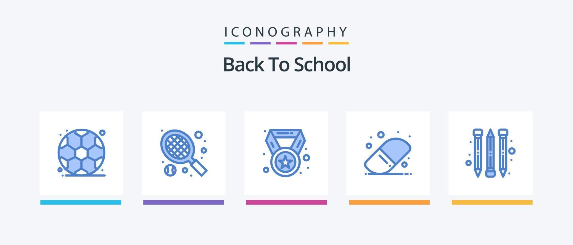 de volta ao pacote de ícones azul 5 da escola, incluindo . campeão. material escolar. borracha. design de ícones criativos vetor