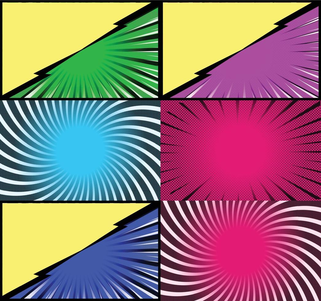 fundo de quadros coloridos de quadrinhos com raios de meio-tom radial e efeitos pontilhados estilo pop art vetor