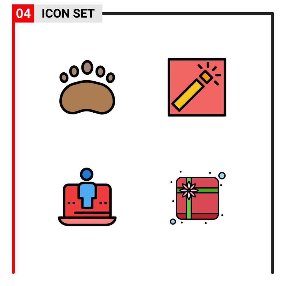 4 ícones criativos, sinais modernos e símbolos de distintivo, fotógrafo de ciência da computação, laptop, elementos de design de vetores editáveis