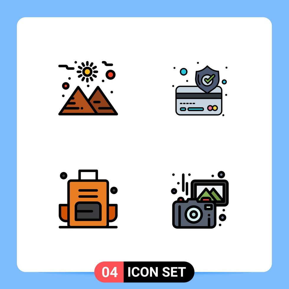 conjunto de pictogramas de 4 cores planas de linha preenchida simples do planeta ao ar livre imagens de mochila de cartão de crédito elementos de design vetorial editáveis vetor