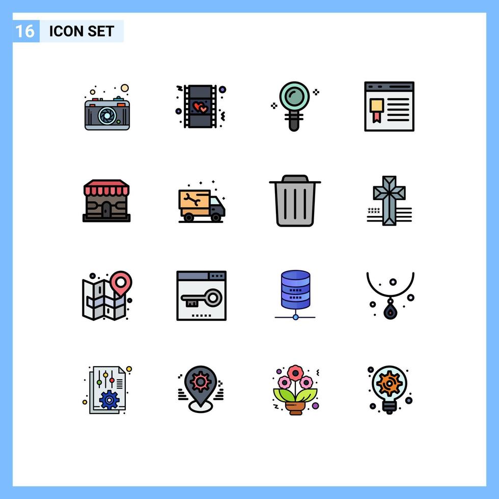 pacote de 16 sinais e símbolos de linhas preenchidas de cores planas modernas para mídia impressa na web, como navegador de desenvolvimento de pesquisa de página de comércio eletrônico, elementos de design de vetor criativo editáveis