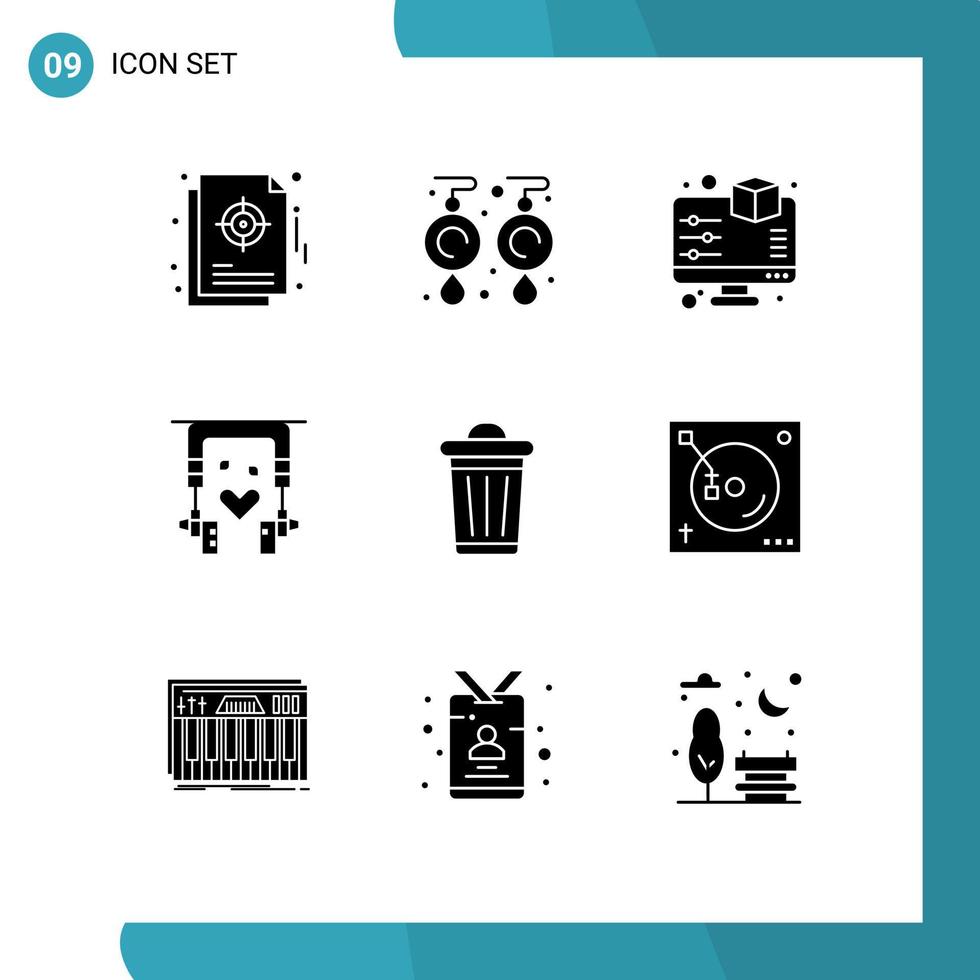 9 conceito de glifo sólido para sites móveis e aplicativos, meio ambiente, joias, música, impressão, elementos de design vetorial editáveis vetor
