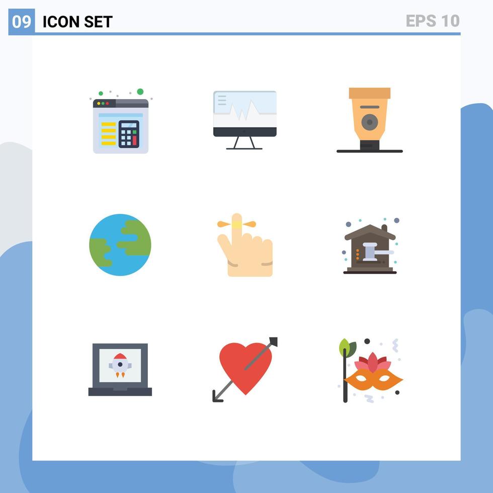 pacote de interface do usuário de 9 cores planas básicas de leilão manter elementos de design de vetores editáveis do globo do dedo do equipamento