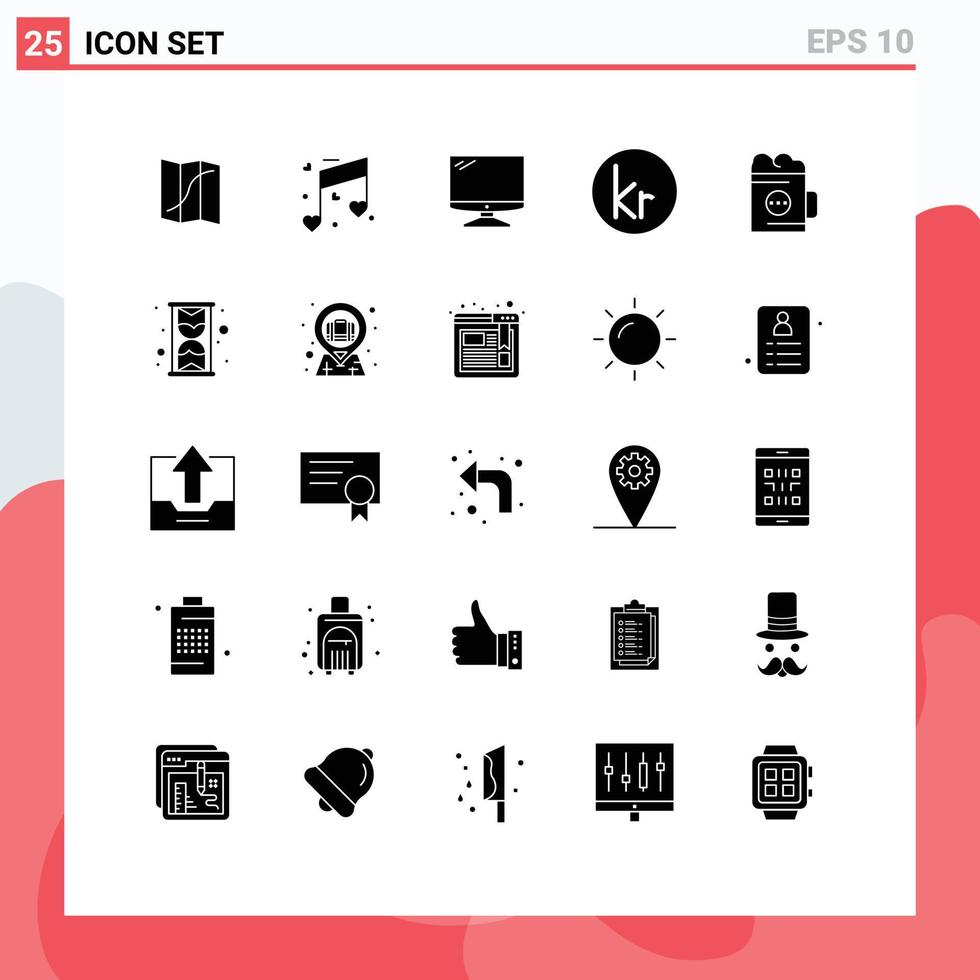 25 interface do usuário pacote de glifos sólidos de sinais e símbolos modernos de álcool moeda de computador dinamarquês pc elementos de design de vetores editáveis