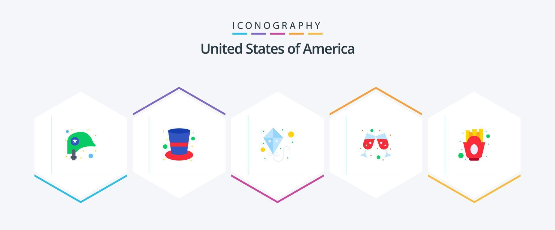 Pacote de ícones planos EUA 25, incluindo comida. batatas fritas. pipa. salgadinhos. vinho vetor
