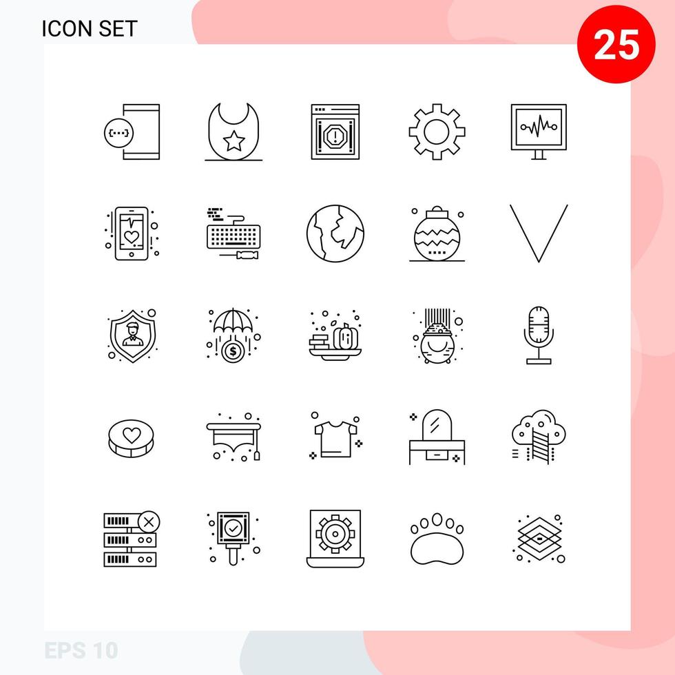grupo de sinais e símbolos de 25 linhas para configuração de linha de vida, alerta, engrenagem, aviso, elementos de design de vetores editáveis