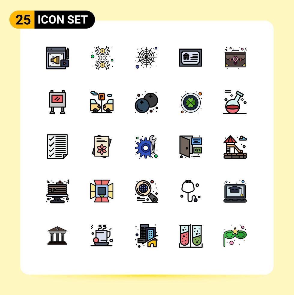 pacote de 25 sinais e símbolos modernos de cores planas de linha preenchida para mídia impressa na web, como bolsa de funcionário, propriedade de malware, elementos de design de vetores editáveis em casa