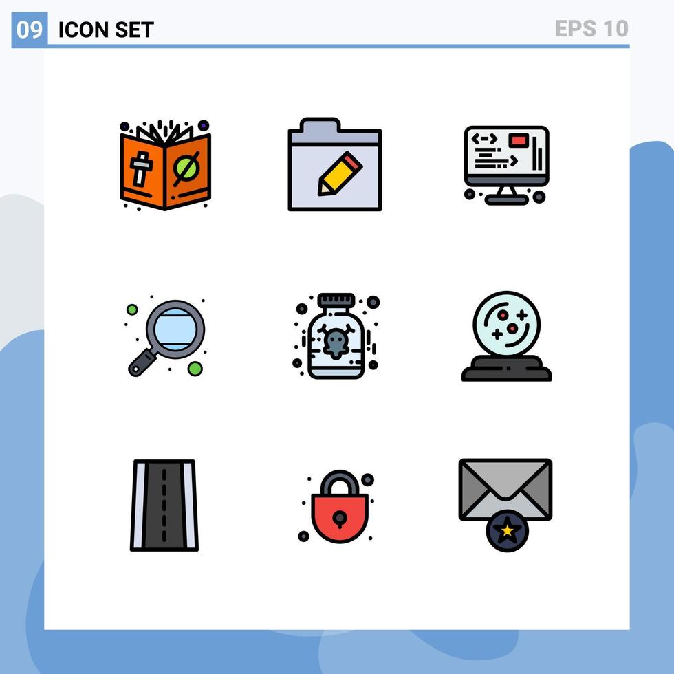 9 interface do usuário pacote de cores planas de linha cheia de sinais e símbolos modernos de conhecimento de pesquisa de dados da escola de drogas elementos de design de vetores editáveis