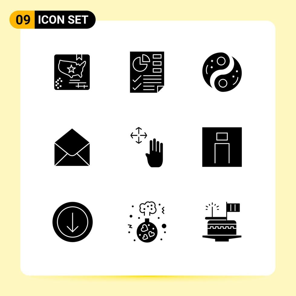 pacote de 9 glifos sólidos criativos de elementos de design de vetores editáveis de e-mail de polaridade de correio manual yin