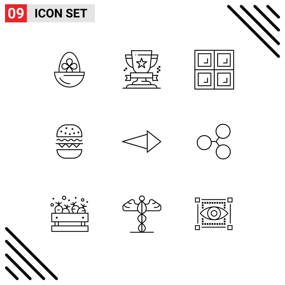 grupo de 9 contornos modernos definidos para elementos de design de vetores editáveis de janela de comida de medalha de seta