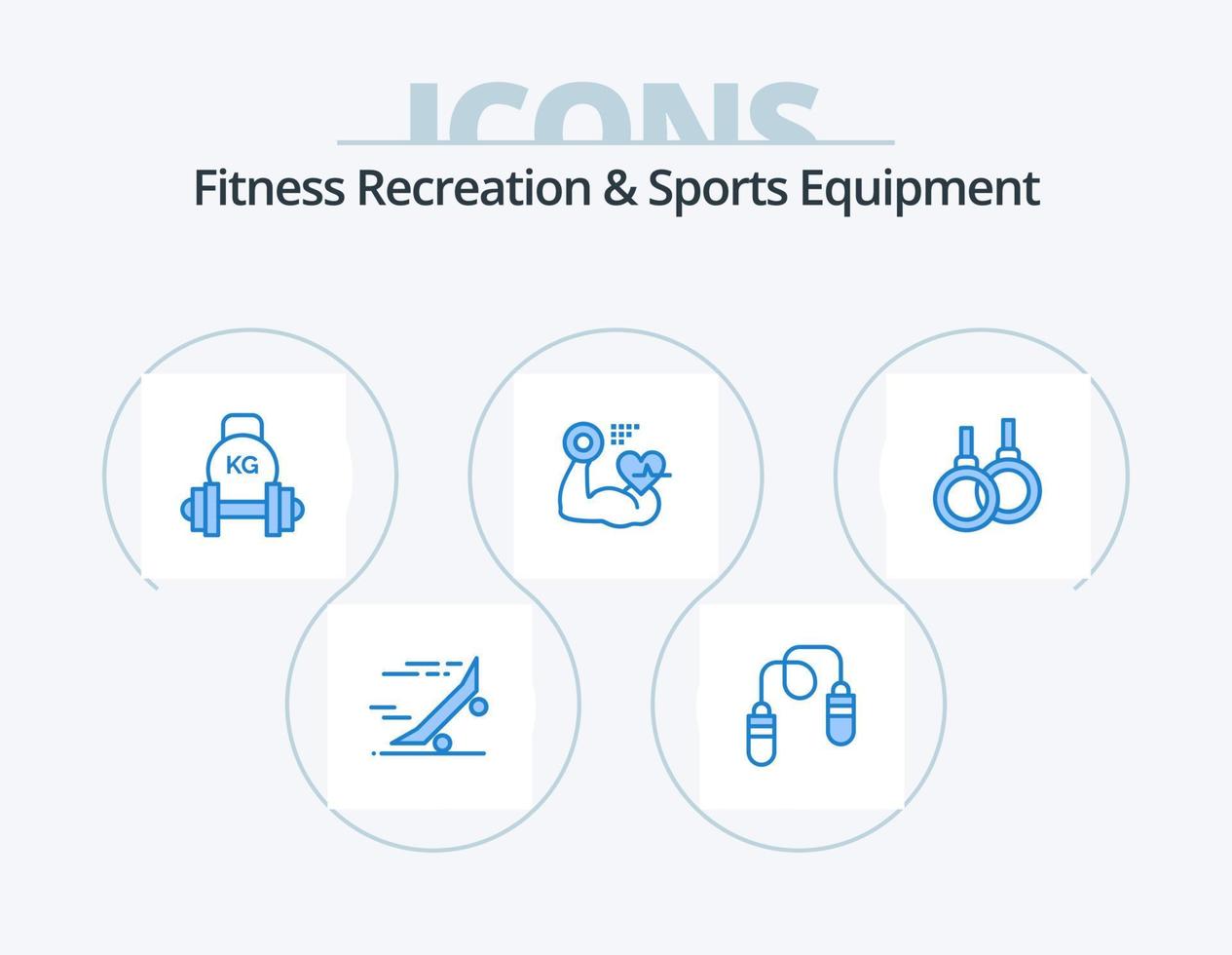 recreação de fitness e equipamentos esportivos azul ícone pack 5 design de ícone. bater. músculo. pulando. crescimento. kettlebell vetor