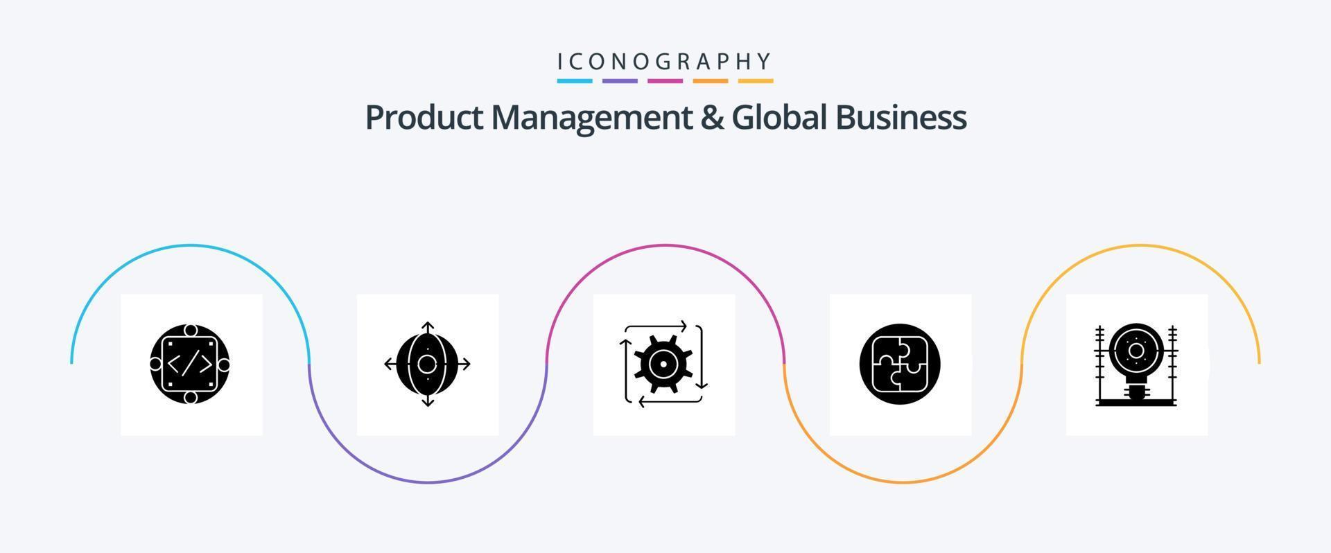 gerenciamento de produtos e pacote de ícones glyph 5 de negócios globais, incluindo solução. plano. produtos. gestão. fluxo vetor