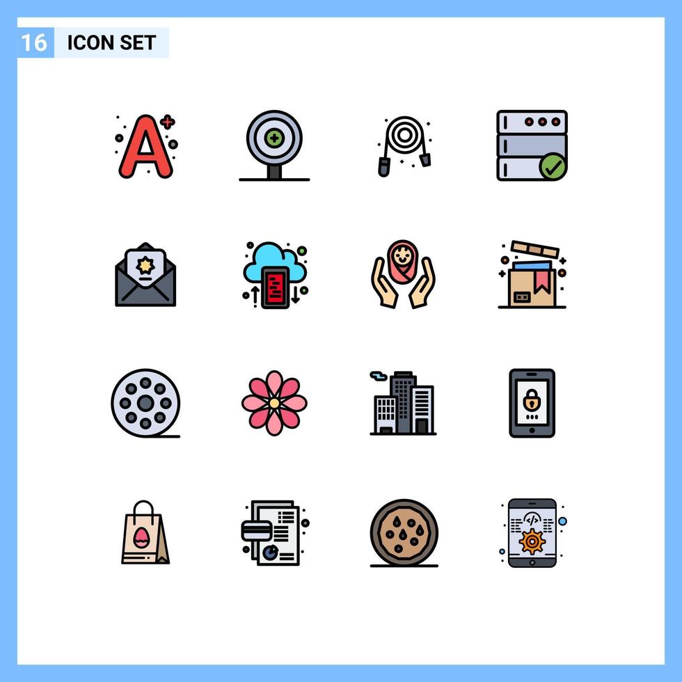 grupo de 16 sinais e símbolos de linhas preenchidas de cor plana para banco de dados de doação mecânica de envelope de correio elementos de design de vetores criativos editáveis
