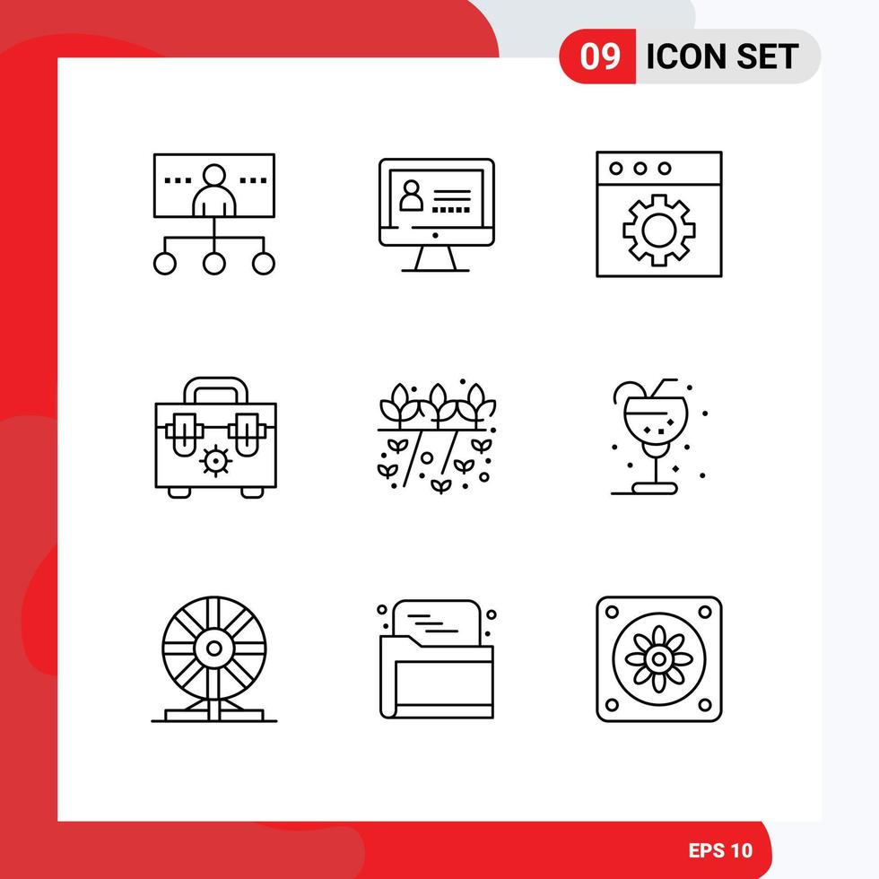 conjunto de pictogramas de 9 contornos simples de elementos de design de vetor editável de construção de agricultura de aplicativo de cultivo de plantas