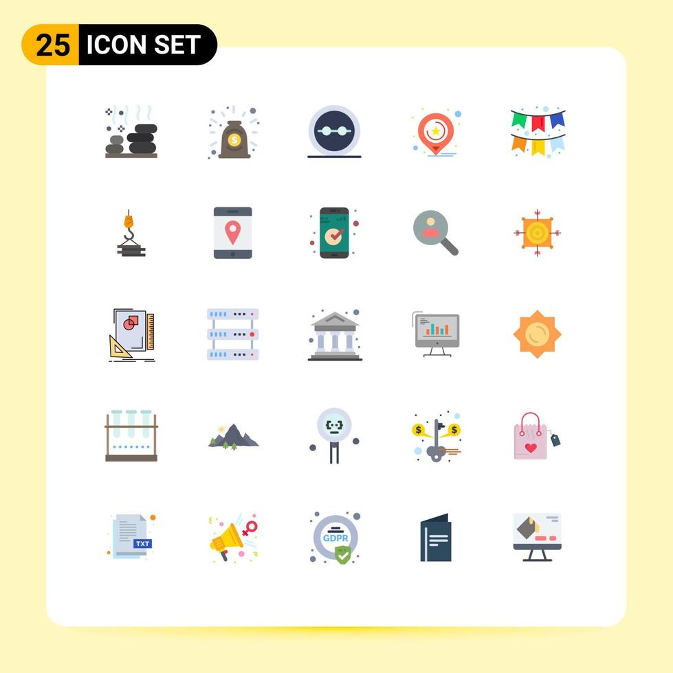 pacote de 25 sinais e símbolos modernos de cores planas para mídia impressa na web, como celebração, marketing, óculos, mapas, lentes, elementos de design vetorial editáveis vetor