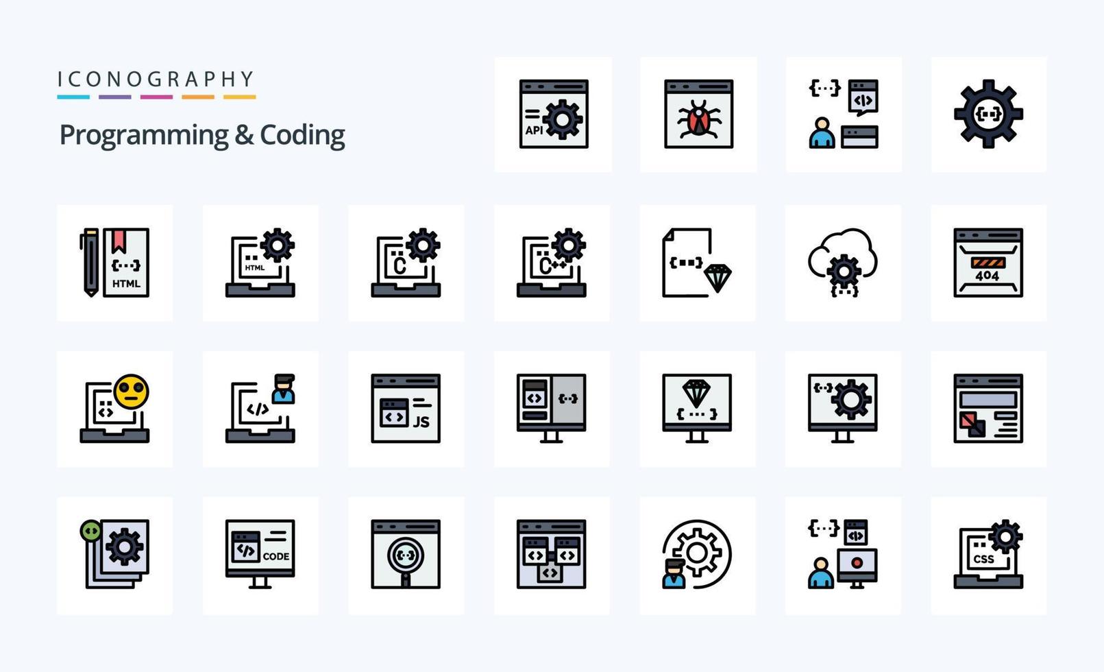 25 programação e pacote de ícones de estilo cheio de linha de codificação vetor