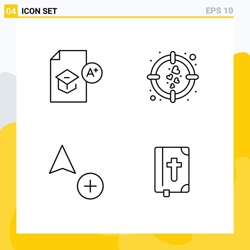 conjunto de linha de interface móvel de 4 pictogramas de educação adicionar elementos de design de vetores editáveis de cursor de amor escolar