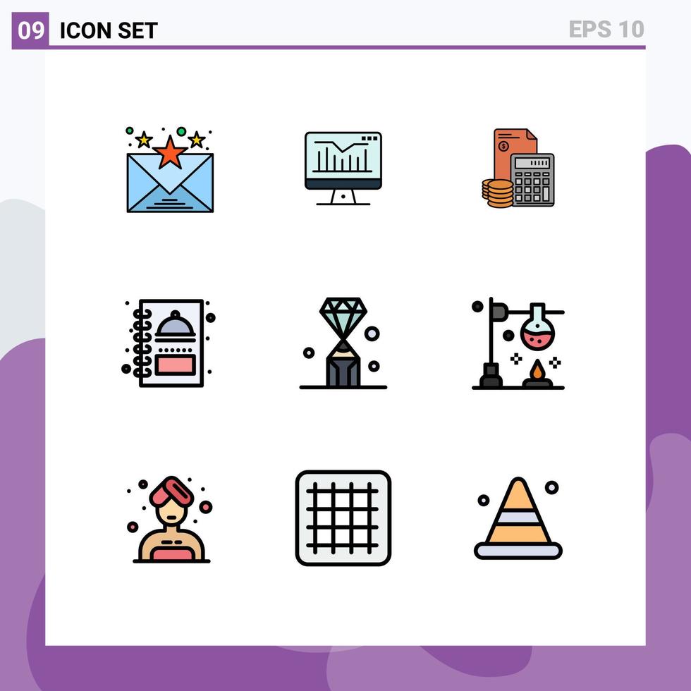 conjunto de 9 sinais de símbolos de ícones de interface do usuário modernos para acumulação de menu de comida, calculadora de cozinha, elementos de design de vetores editáveis