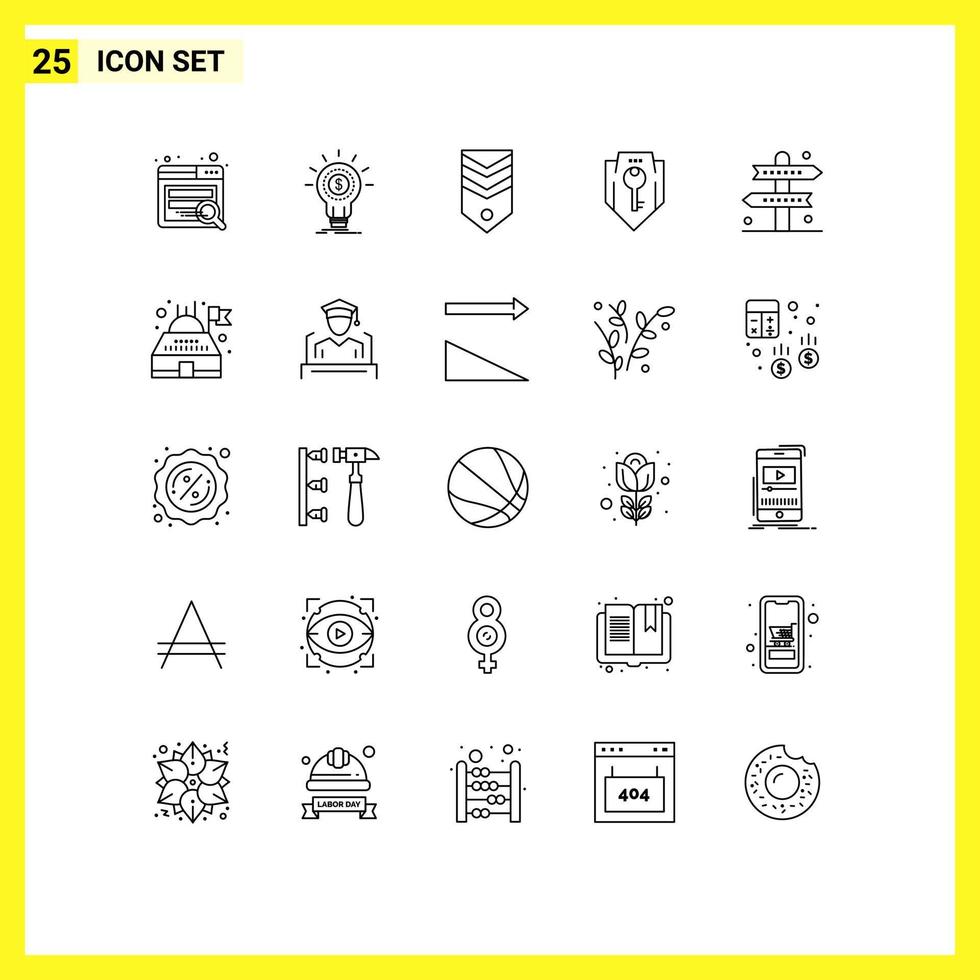 pacote de linha de 25 símbolos universais de elementos de design de vetores editáveis de distintivo de proteção de escudo