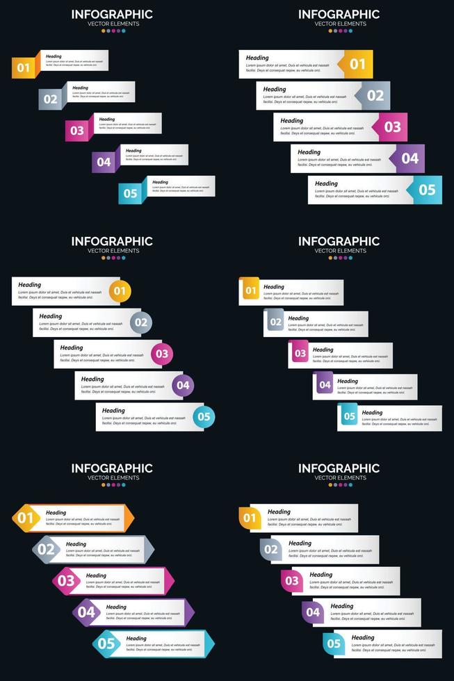 modelo de slide de apresentação de pacote de infográficos vetor 6 diagramas de ciclo de 5 etapas e linhas do tempo