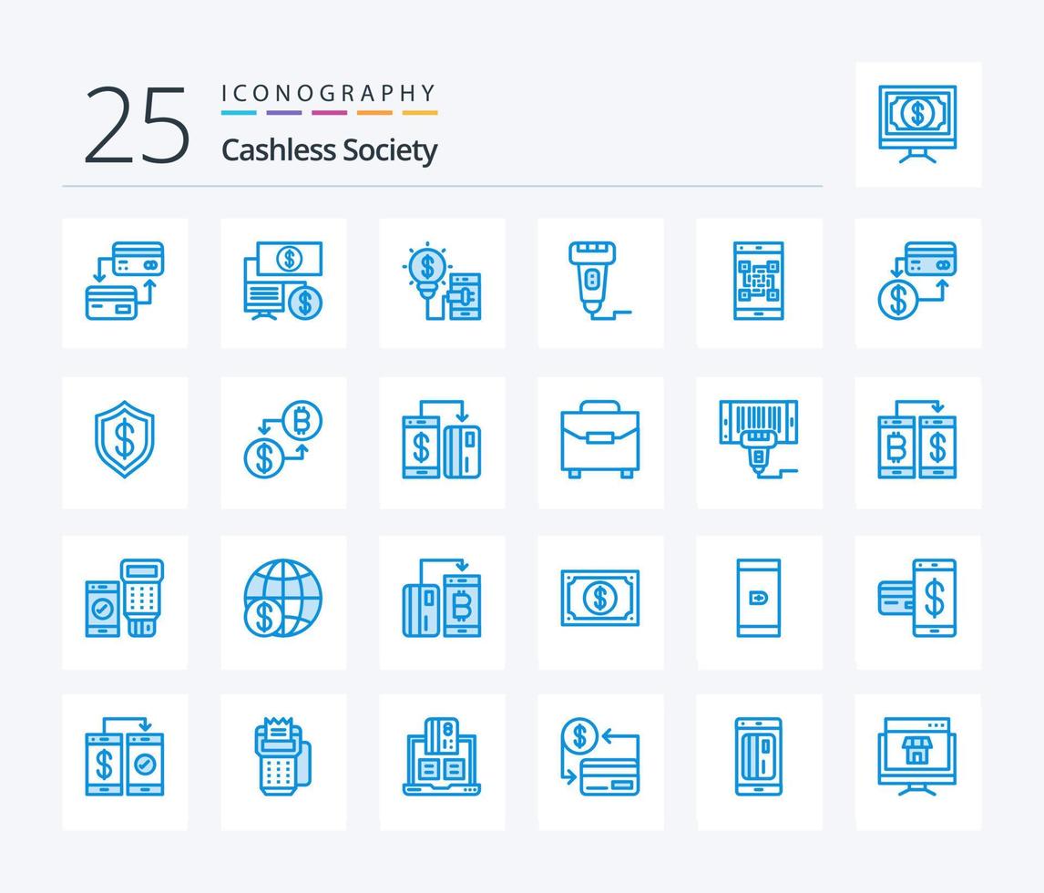 sociedade sem dinheiro 25 pacote de ícones de cor azul, incluindo preço. máquina. sem dinheiro. tecnologia vetor