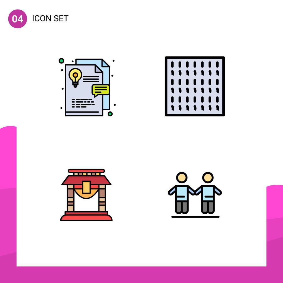 conjunto de cores planas de linha preenchida de interface móvel de 4 pictogramas de elementos de design de vetores editáveis de amigos de porta de névoa chinesa de ideia