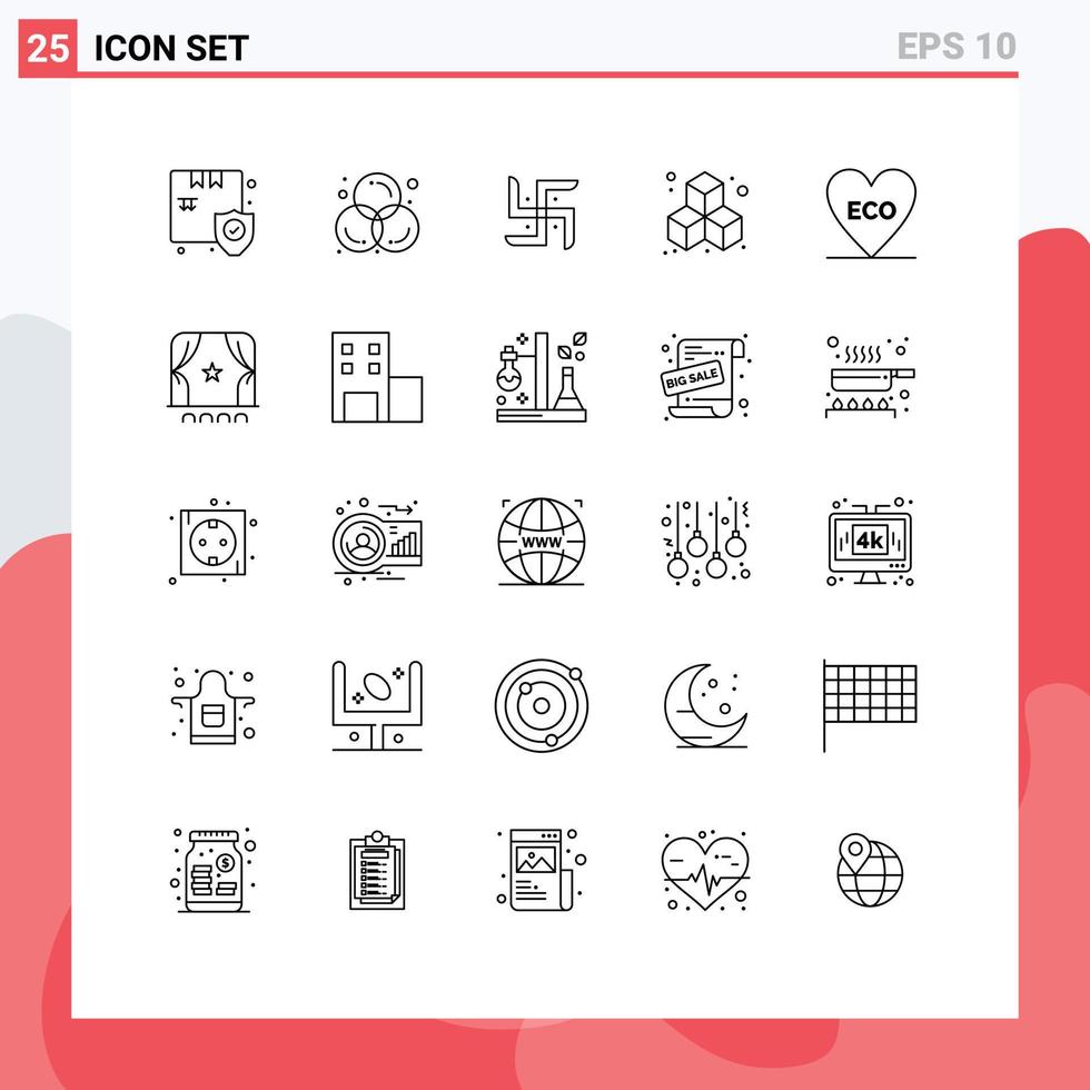 conjunto de 25 símbolos de ícones de interface do usuário modernos, sinais de amor, cubo gráfico ecológico, religião, elementos de design vetorial editáveis vetor