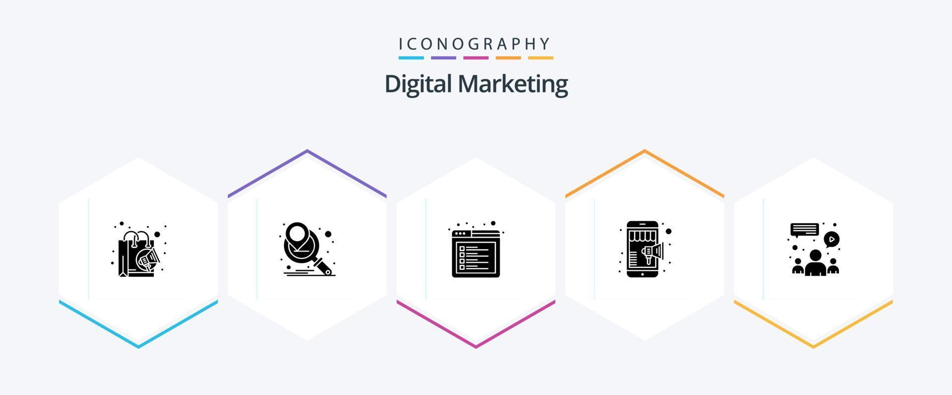 pacote de ícones de 25 glifos de marketing digital, incluindo reunião. bate-papo. Internet. marketing móvel. fazer compras vetor