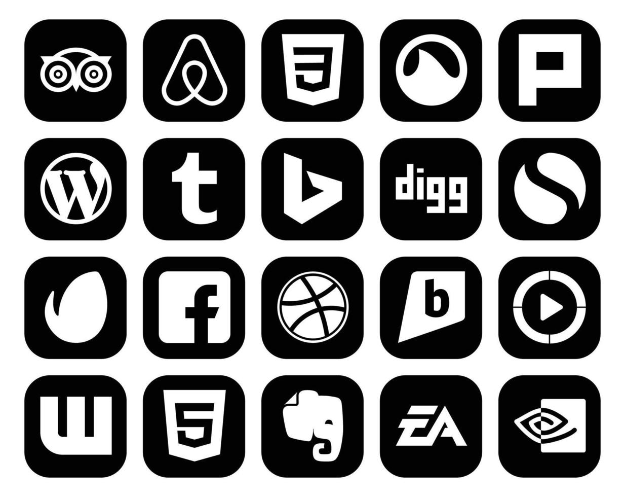 Pacote de 20 ícones de mídia social, incluindo vídeo brightkite tumblr drible envato vetor
