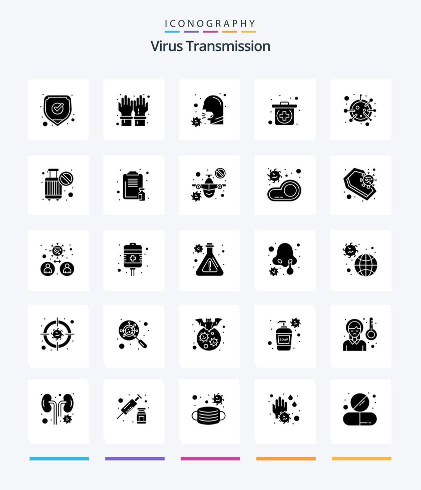 pacote de ícone preto sólido de 25 glifos de transmissão de vírus criativo, como coronavírus .. tosse. médico. emergência vetor