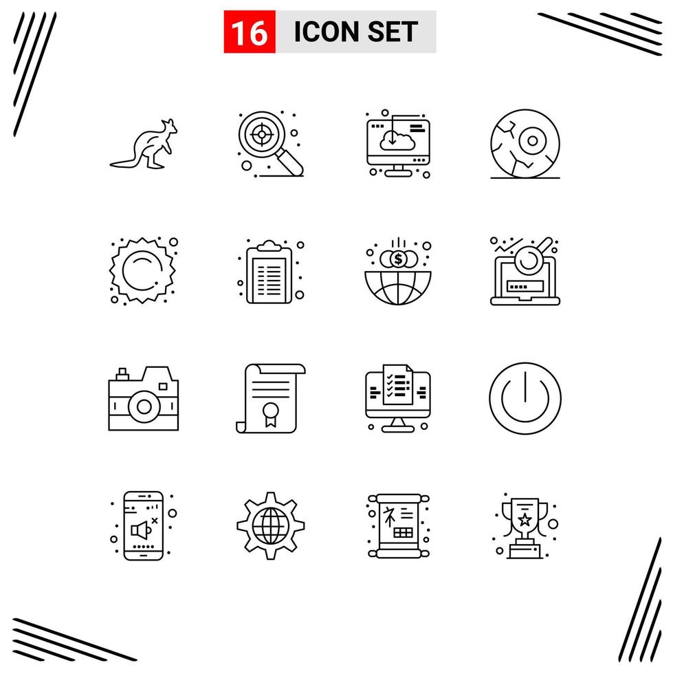 conjunto moderno de 16 contornos e símbolos, como elementos de design de vetores editáveis de instalação de alvo de lua de espaço halloween