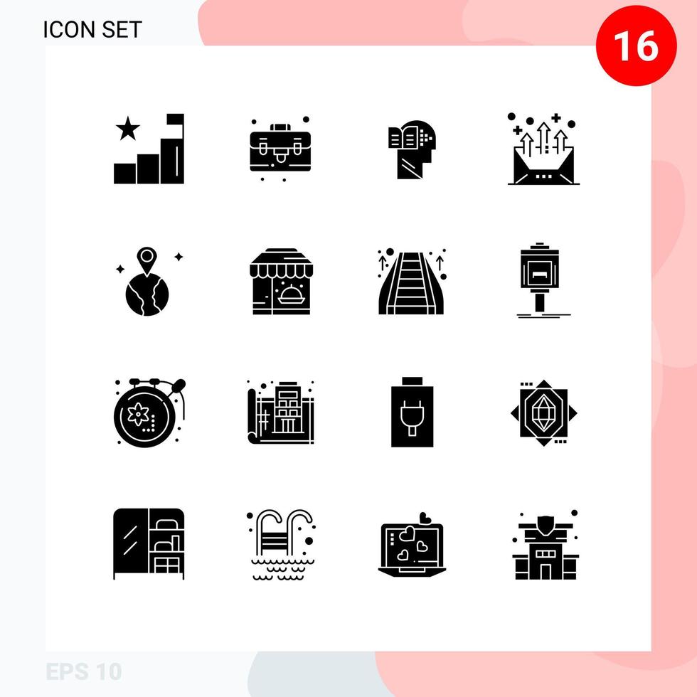 16 interface do usuário pacote de glifos sólidos de sinais e símbolos modernos de mapa carta livro e-mail seta editável elementos de design vetorial vetor