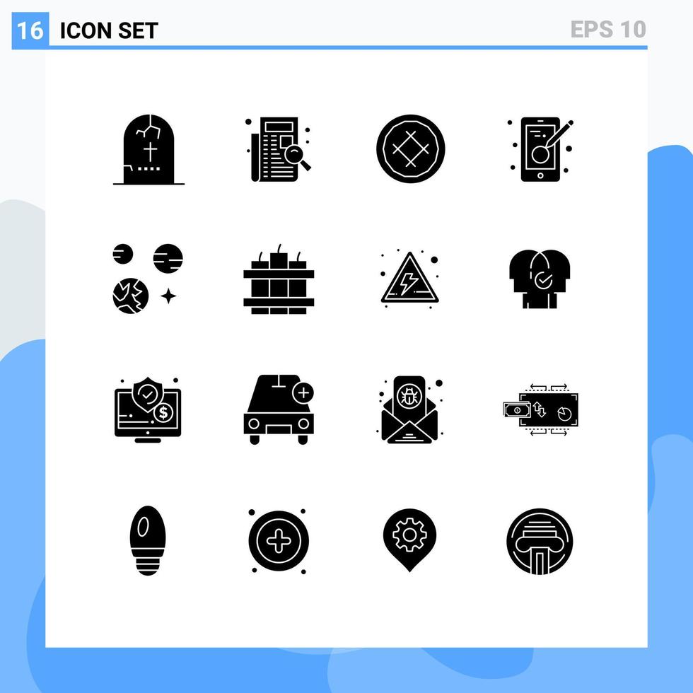conjunto de glifos sólidos de interface móvel de 16 pictogramas de criação de listagem de criatividade torta de sobremesa elementos de design de vetores editáveis