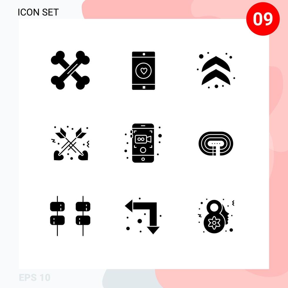 conjunto de 9 sinais de símbolos de ícones de interface do usuário modernos para câmera de vídeo, coração, amor, afeto, elementos de design de vetores editáveis