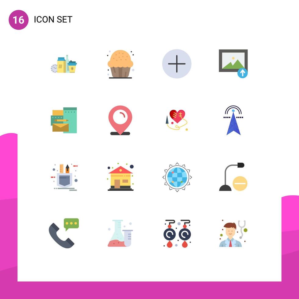 conjunto de pictogramas de 16 cores planas simples de branding upload de foto de comida novo pacote editável de elementos de design de vetores criativos