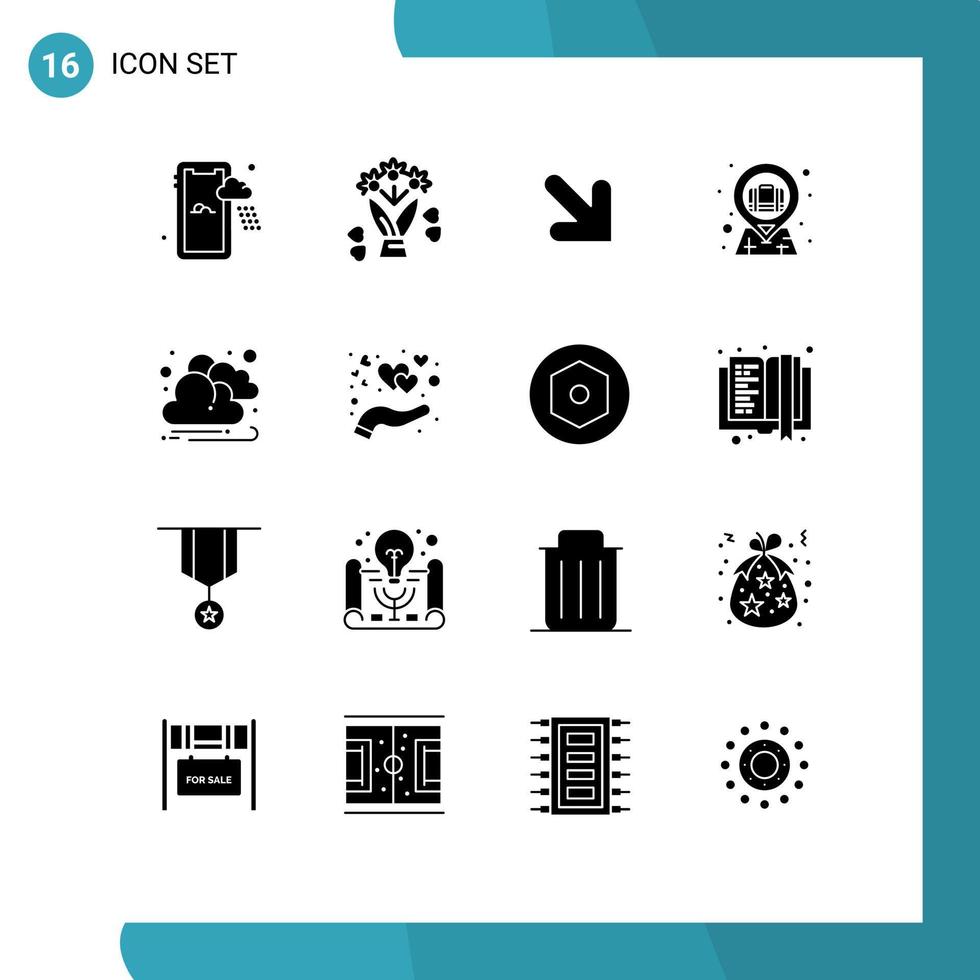 grupo de símbolos de ícone universal de 16 glifos sólidos modernos de mão sol caixa de nuvem direita elementos de design vetorial editáveis vetor